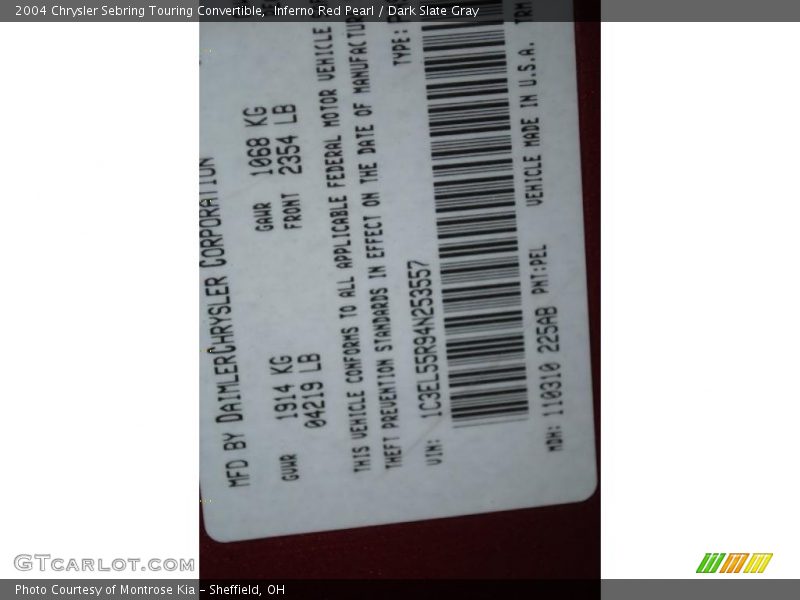 Inferno Red Pearl / Dark Slate Gray 2004 Chrysler Sebring Touring Convertible