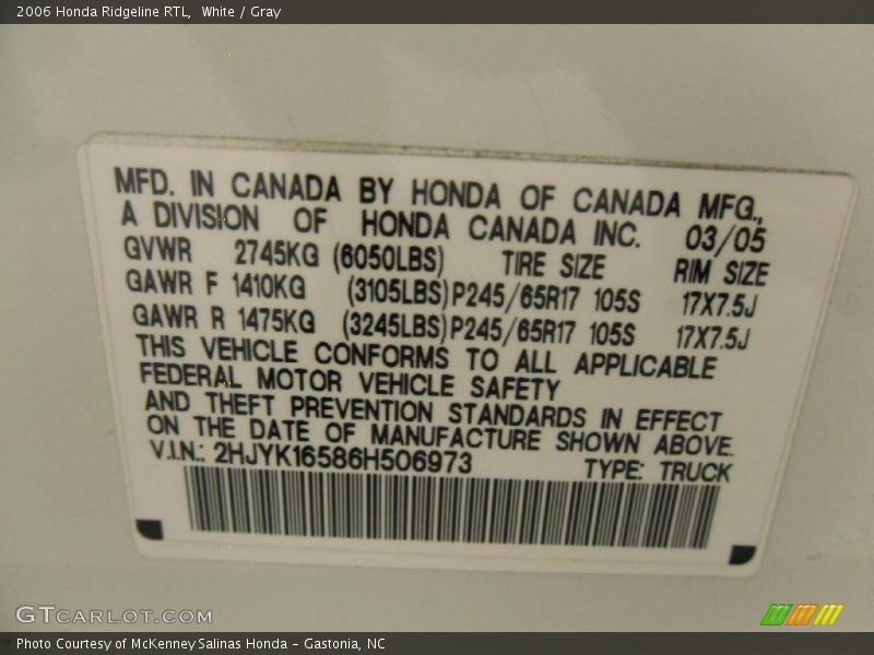 White / Gray 2006 Honda Ridgeline RTL