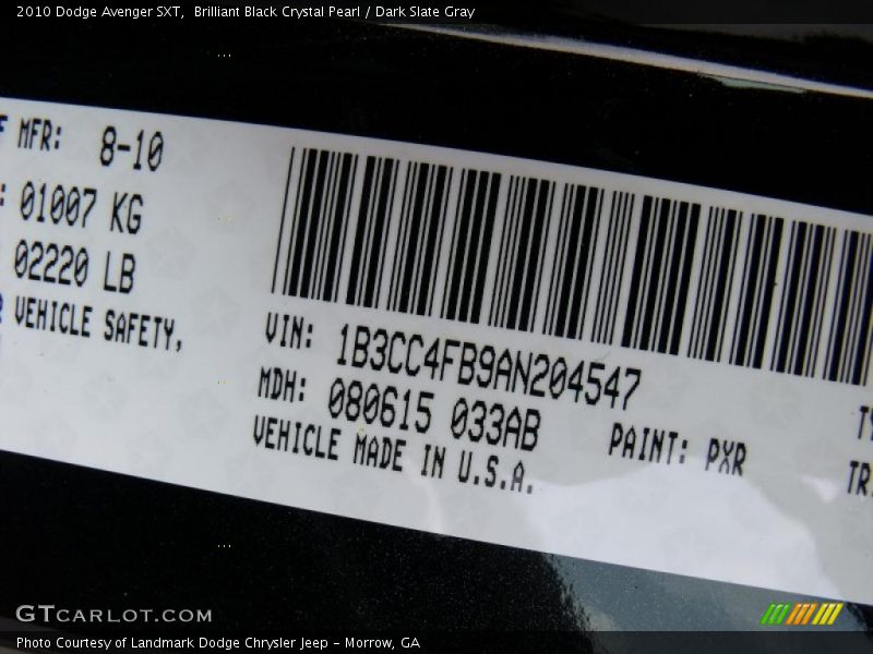 Brilliant Black Crystal Pearl / Dark Slate Gray 2010 Dodge Avenger SXT