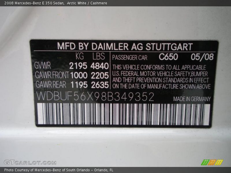 Arctic White / Cashmere 2008 Mercedes-Benz E 350 Sedan