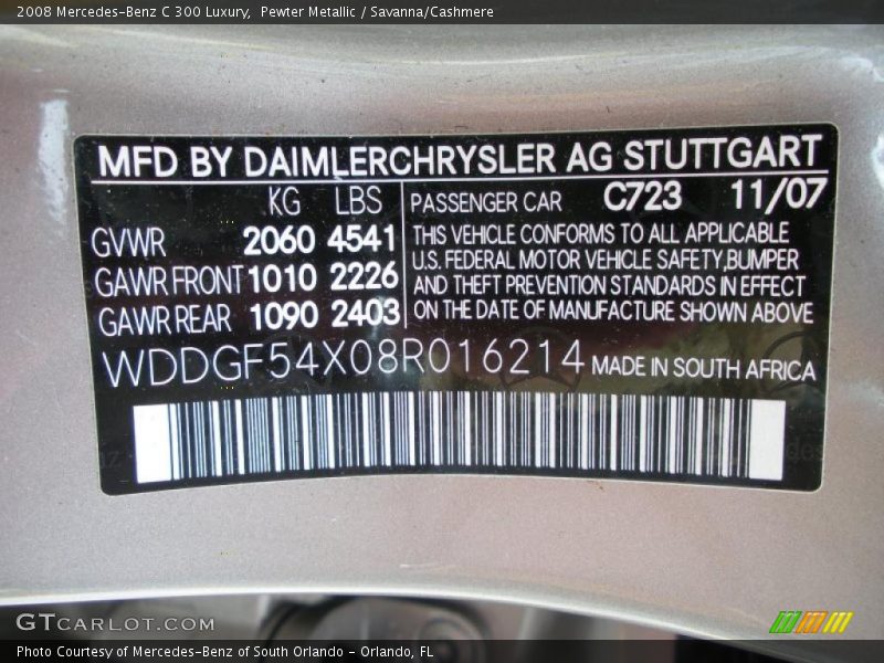 2008 C 300 Luxury Pewter Metallic Color Code 723