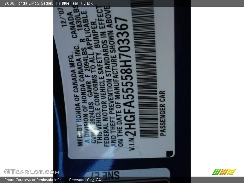Fiji Blue Pearl / Black 2008 Honda Civic Si Sedan
