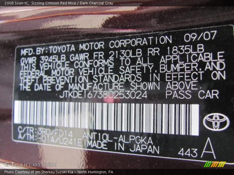 Sizzling Crimson Red Mica / Dark Charcoal Gray 2008 Scion tC