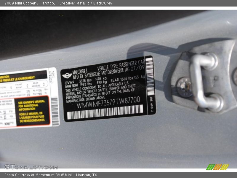 Pure Silver Metallic / Black/Grey 2009 Mini Cooper S Hardtop