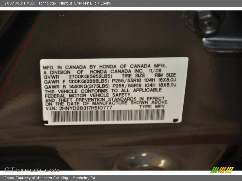 Nimbus Gray Metallic / Ebony 2007 Acura MDX Technology