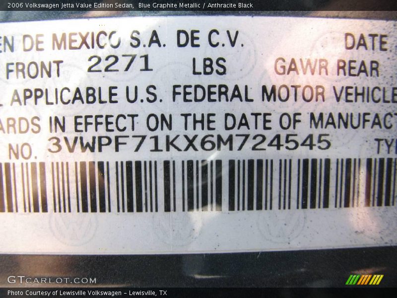 Blue Graphite Metallic / Anthracite Black 2006 Volkswagen Jetta Value Edition Sedan