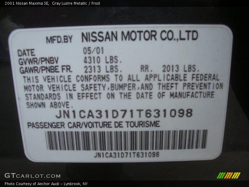 Gray Lustre Metallic / Frost 2001 Nissan Maxima SE