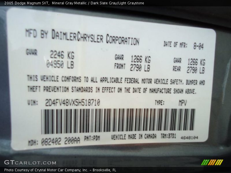 Mineral Gray Metallic / Dark Slate Gray/Light Graystone 2005 Dodge Magnum SXT