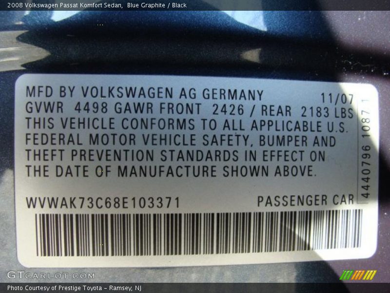 Blue Graphite / Black 2008 Volkswagen Passat Komfort Sedan