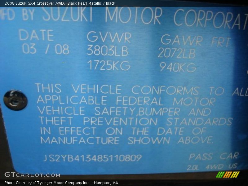 Black Pearl Metallic / Black 2008 Suzuki SX4 Crossover AWD