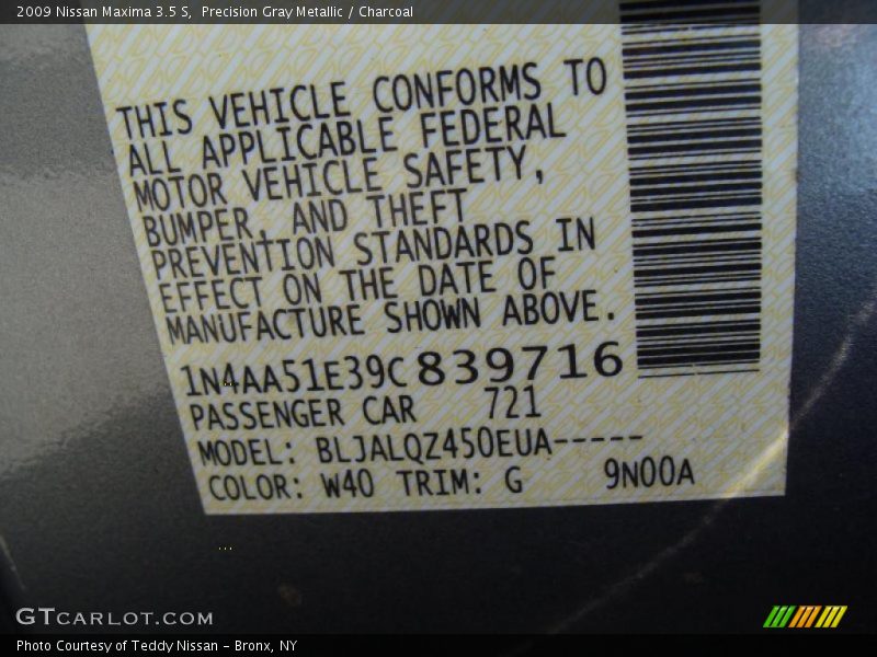 Precision Gray Metallic / Charcoal 2009 Nissan Maxima 3.5 S