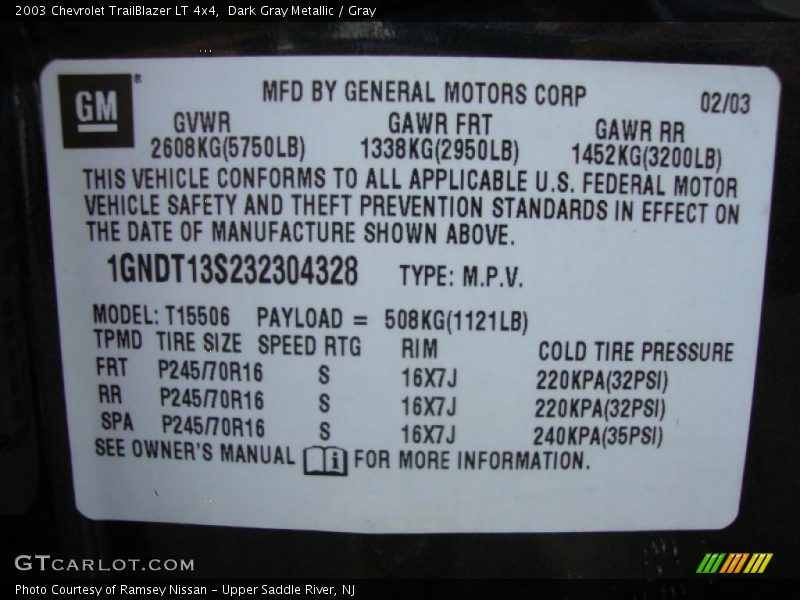 Dark Gray Metallic / Gray 2003 Chevrolet TrailBlazer LT 4x4