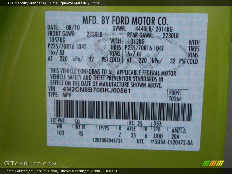 Lime Squeeze Metallic / Stone 2011 Mercury Mariner I4