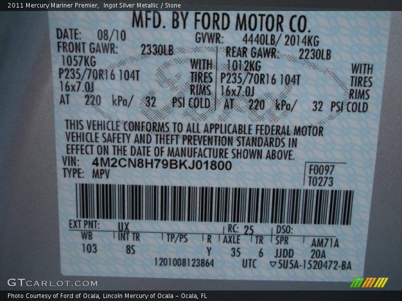 Ingot Silver Metallic / Stone 2011 Mercury Mariner Premier
