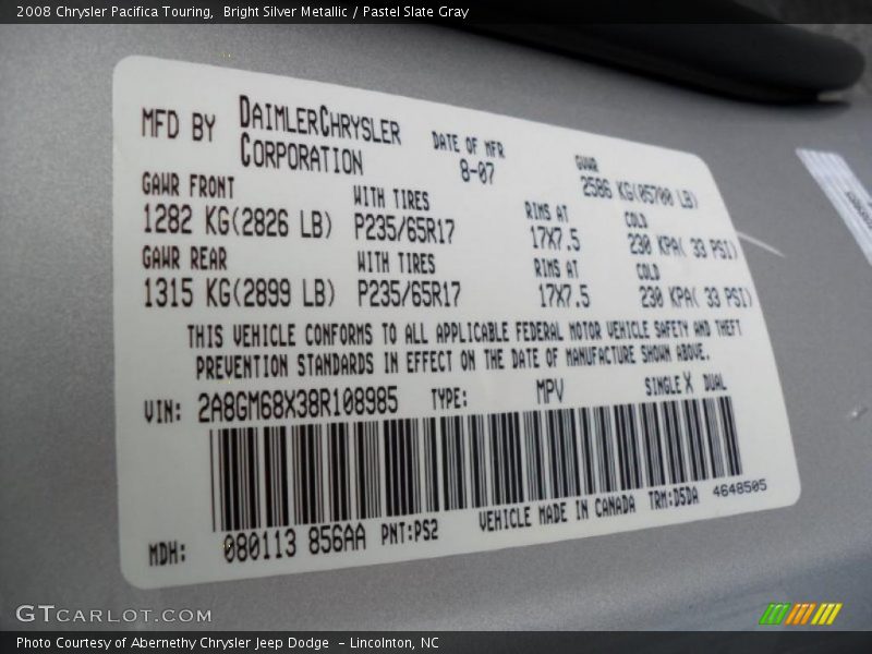 Bright Silver Metallic / Pastel Slate Gray 2008 Chrysler Pacifica Touring