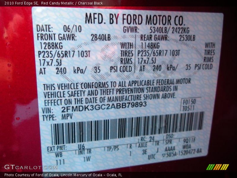 Red Candy Metallic / Charcoal Black 2010 Ford Edge SE
