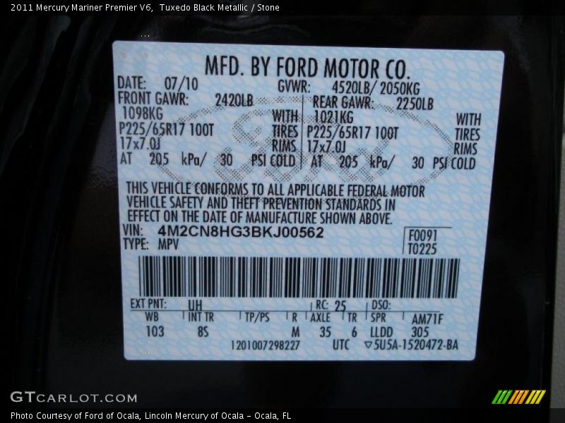 Tuxedo Black Metallic / Stone 2011 Mercury Mariner Premier V6