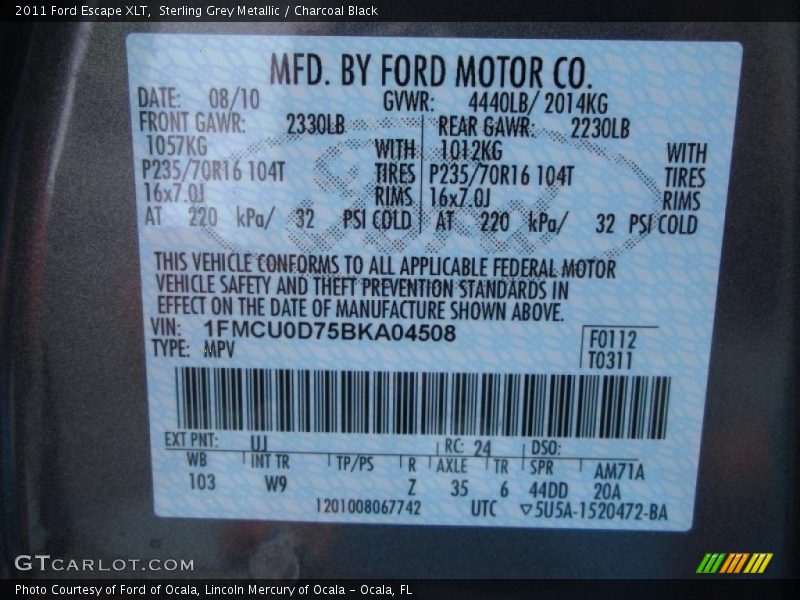 Sterling Grey Metallic / Charcoal Black 2011 Ford Escape XLT