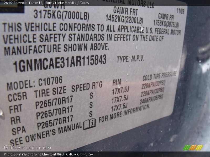 Blue Granite Metallic / Ebony 2010 Chevrolet Tahoe LS
