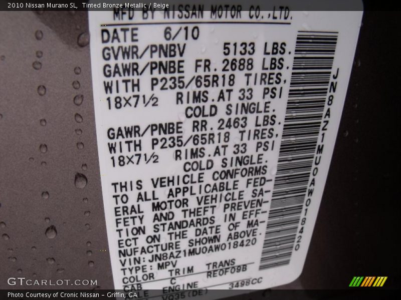 Tinted Bronze Metallic / Beige 2010 Nissan Murano SL