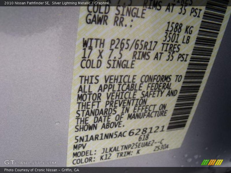 Silver Lightning Metallic / Graphite 2010 Nissan Pathfinder SE