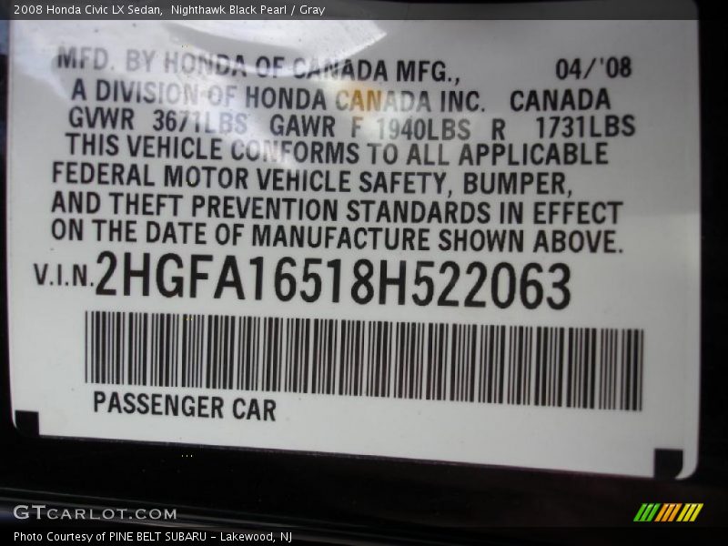 Nighthawk Black Pearl / Gray 2008 Honda Civic LX Sedan