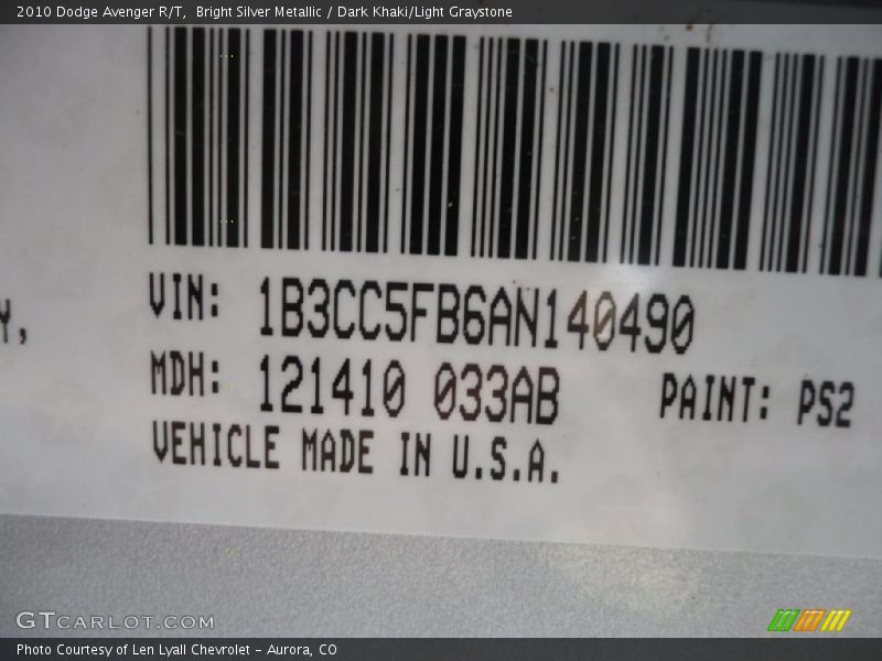 Bright Silver Metallic / Dark Khaki/Light Graystone 2010 Dodge Avenger R/T