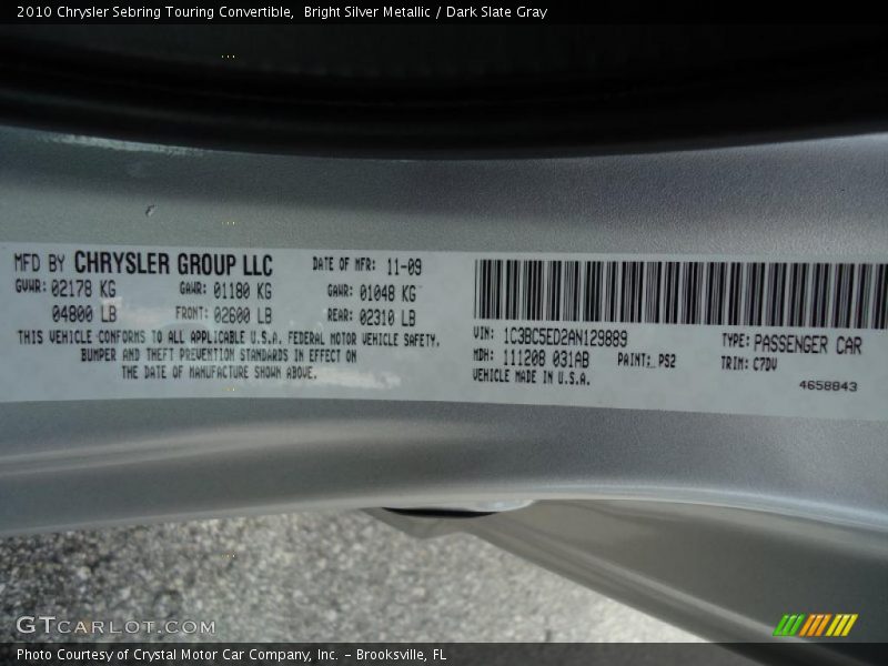 Bright Silver Metallic / Dark Slate Gray 2010 Chrysler Sebring Touring Convertible