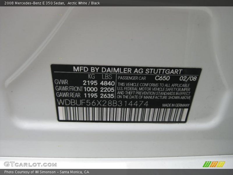 Arctic White / Black 2008 Mercedes-Benz E 350 Sedan