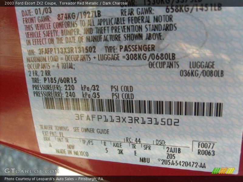 Toreador Red Metallic / Dark Charcoal 2003 Ford Escort ZX2 Coupe