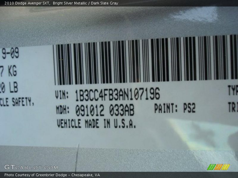 Bright Silver Metallic / Dark Slate Gray 2010 Dodge Avenger SXT