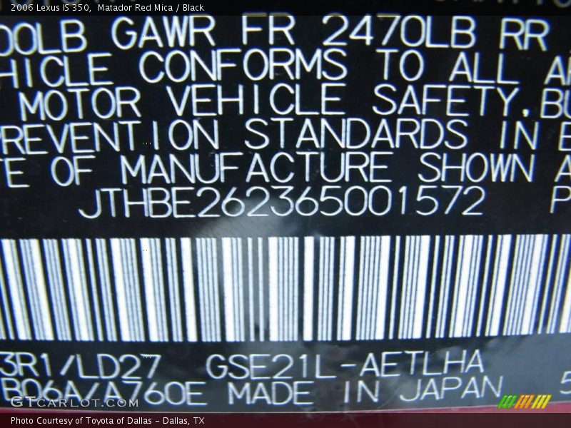 Matador Red Mica / Black 2006 Lexus IS 350