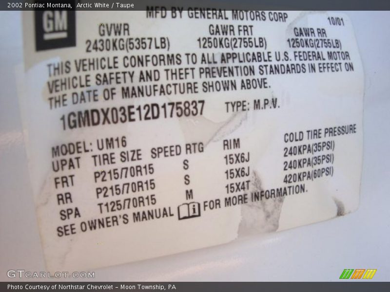 Arctic White / Taupe 2002 Pontiac Montana