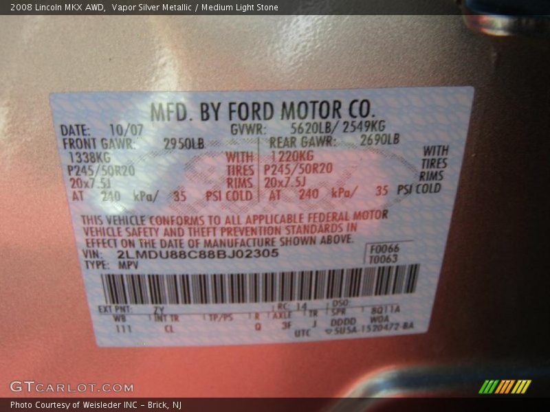 Vapor Silver Metallic / Medium Light Stone 2008 Lincoln MKX AWD