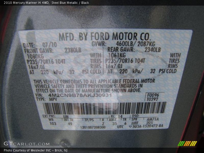 Steel Blue Metallic / Black 2010 Mercury Mariner I4 4WD