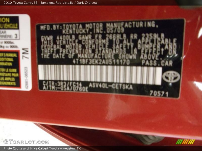 Barcelona Red Metallic / Dark Charcoal 2010 Toyota Camry SE