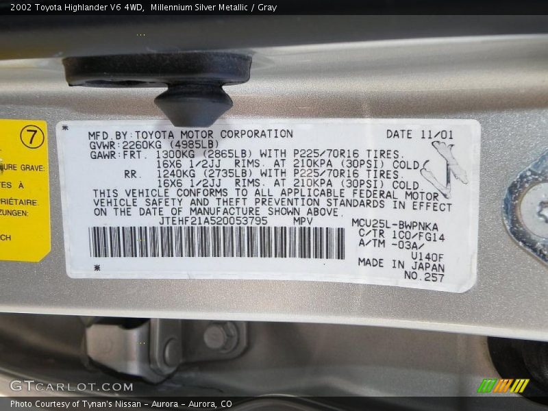 Millennium Silver Metallic / Gray 2002 Toyota Highlander V6 4WD