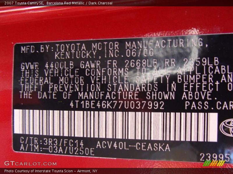 Barcelona Red Metallic / Dark Charcoal 2007 Toyota Camry SE