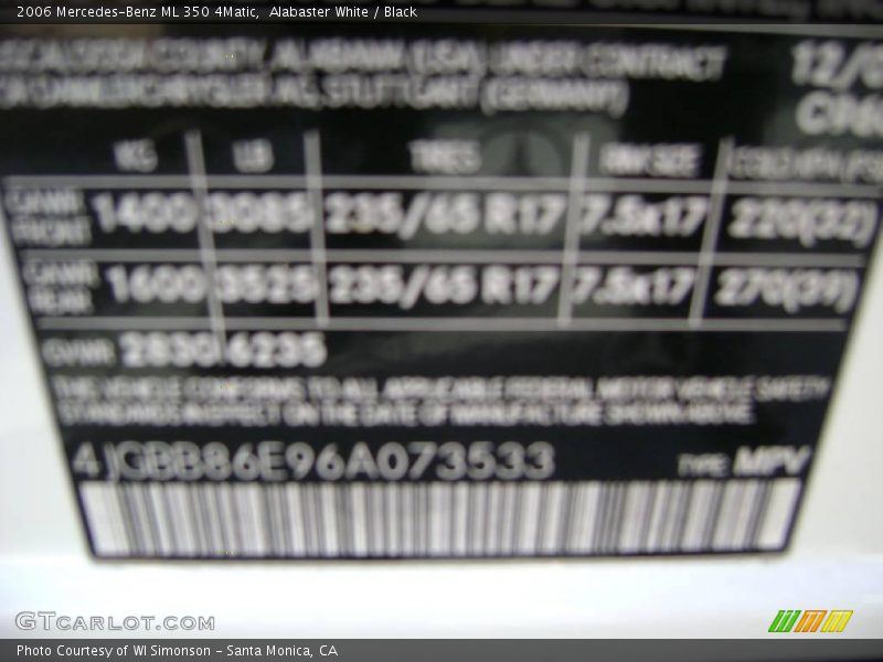 Alabaster White / Black 2006 Mercedes-Benz ML 350 4Matic
