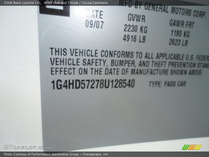 White Diamond Tricoat / Cocoa/Cashmere 2008 Buick Lucerne CXL