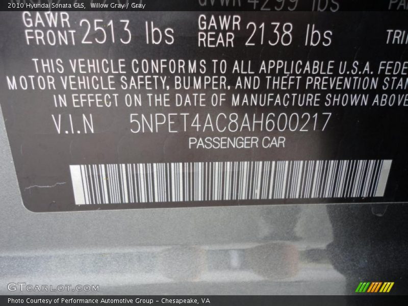 Willow Gray / Gray 2010 Hyundai Sonata GLS