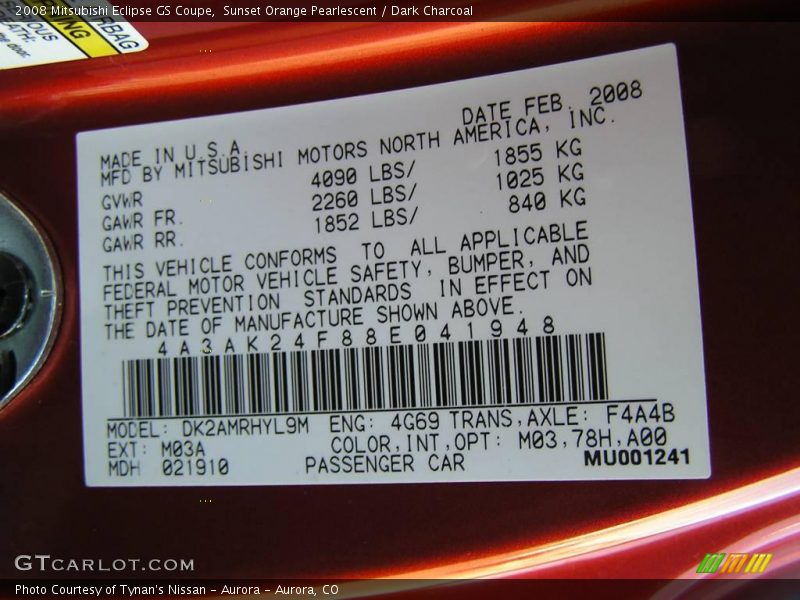 Sunset Orange Pearlescent / Dark Charcoal 2008 Mitsubishi Eclipse GS Coupe