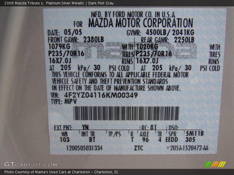 Platinum Silver Metallic / Dark Flint Gray 2006 Mazda Tribute s