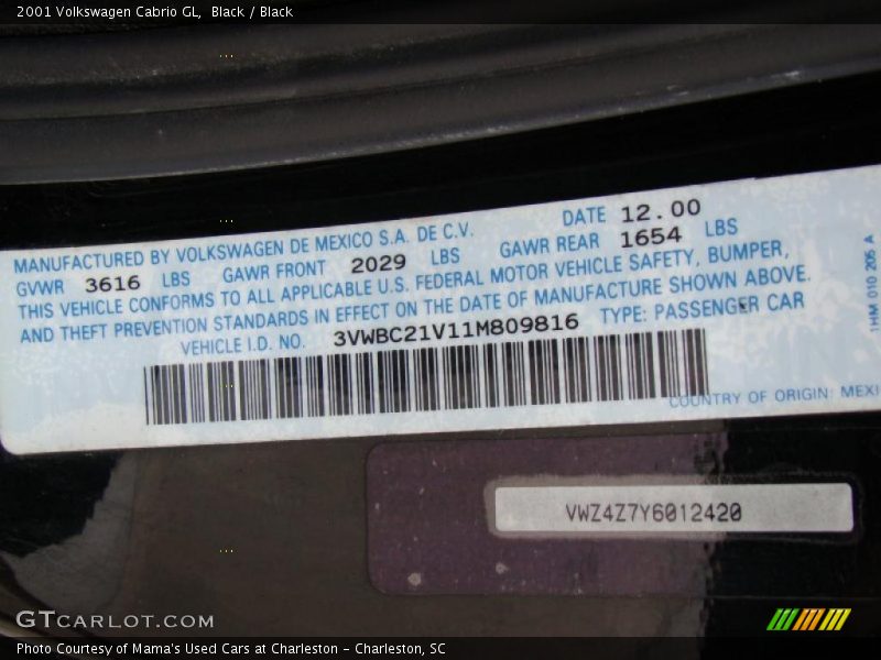 Black / Black 2001 Volkswagen Cabrio GL