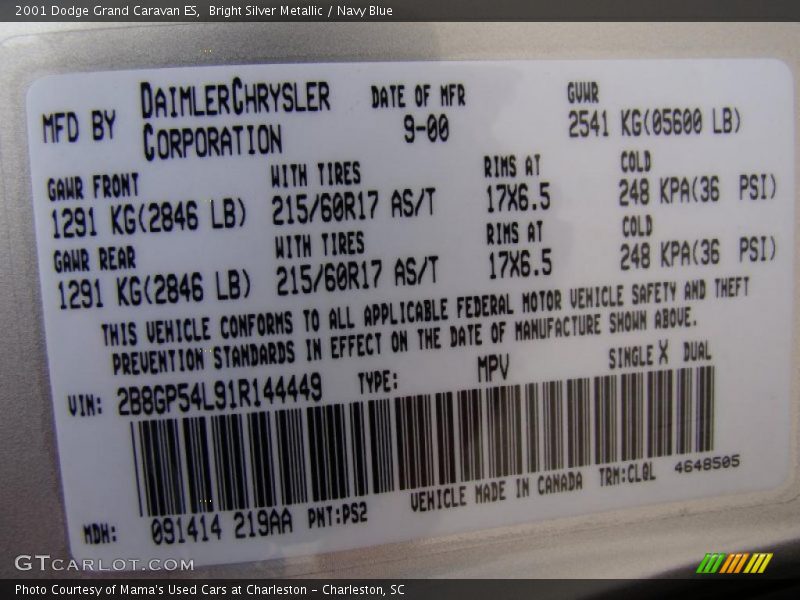 Bright Silver Metallic / Navy Blue 2001 Dodge Grand Caravan ES