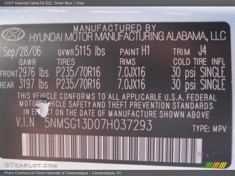 Silver Blue / Gray 2007 Hyundai Santa Fe GLS