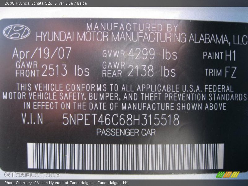 Silver Blue / Beige 2008 Hyundai Sonata GLS