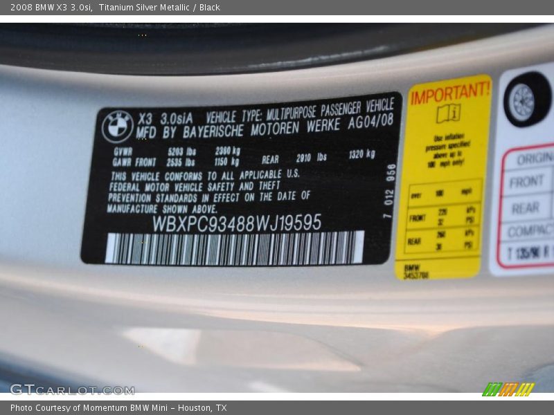 Titanium Silver Metallic / Black 2008 BMW X3 3.0si