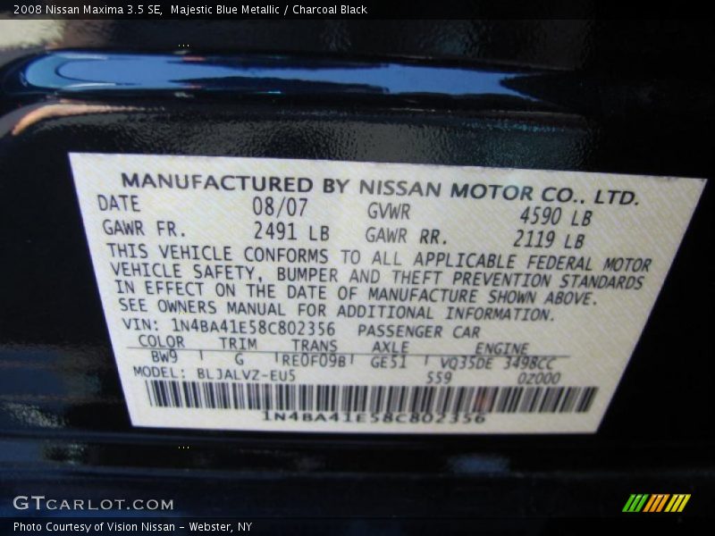Majestic Blue Metallic / Charcoal Black 2008 Nissan Maxima 3.5 SE
