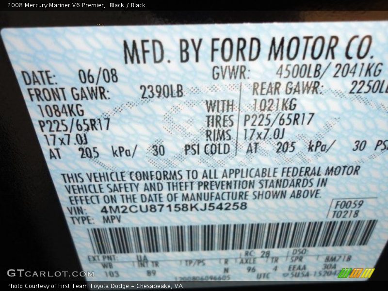 Black / Black 2008 Mercury Mariner V6 Premier